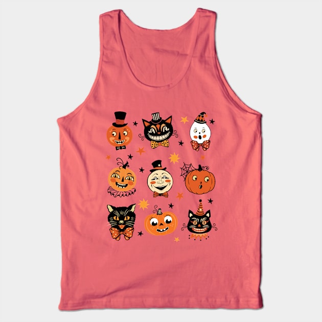 Vintage Halloween Folk Art Retro Pumpkins and Cats Tank Top by PUFFYP